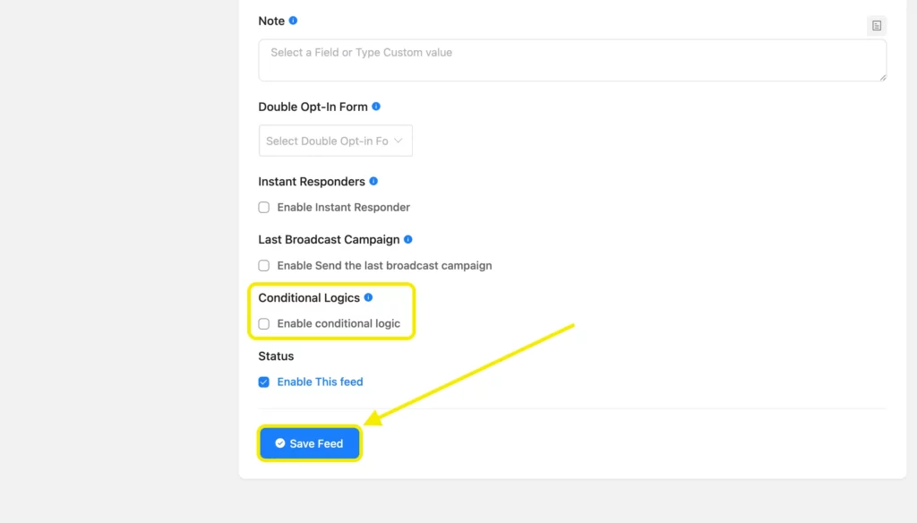 Saving ActiveCampaign feed in Fluent Forms with conditional logic and automation feed configuration enabled