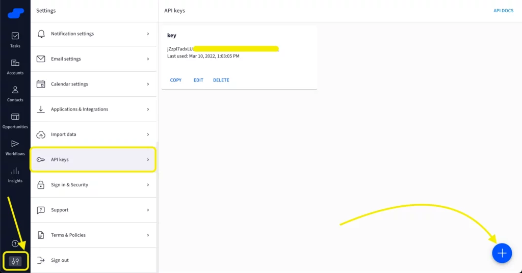 Navigate to API keys in Salesflare settings to generate a new API key for Fluent Forms integration