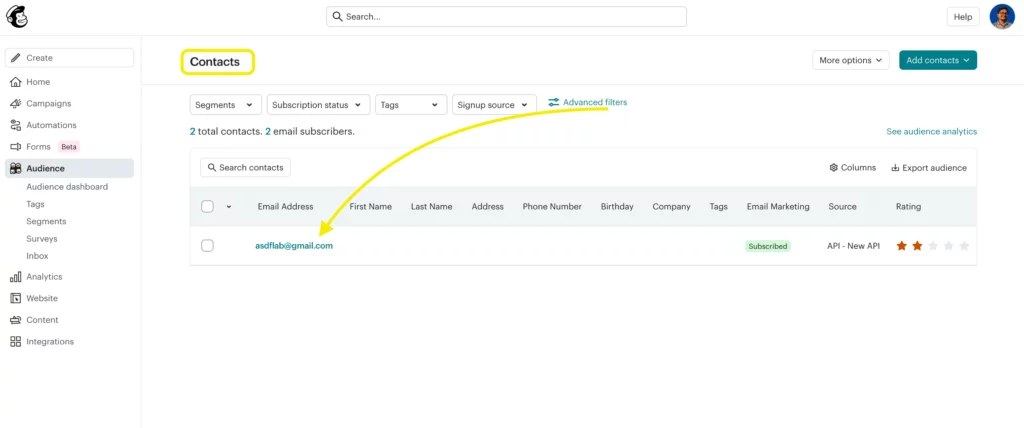 Mailchimp-dashboard-audience-Contacts
