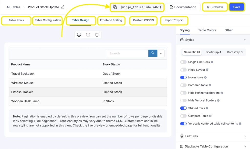 Ninja Tables table design screen with Product Stock data, styling options, and shortcode copy field