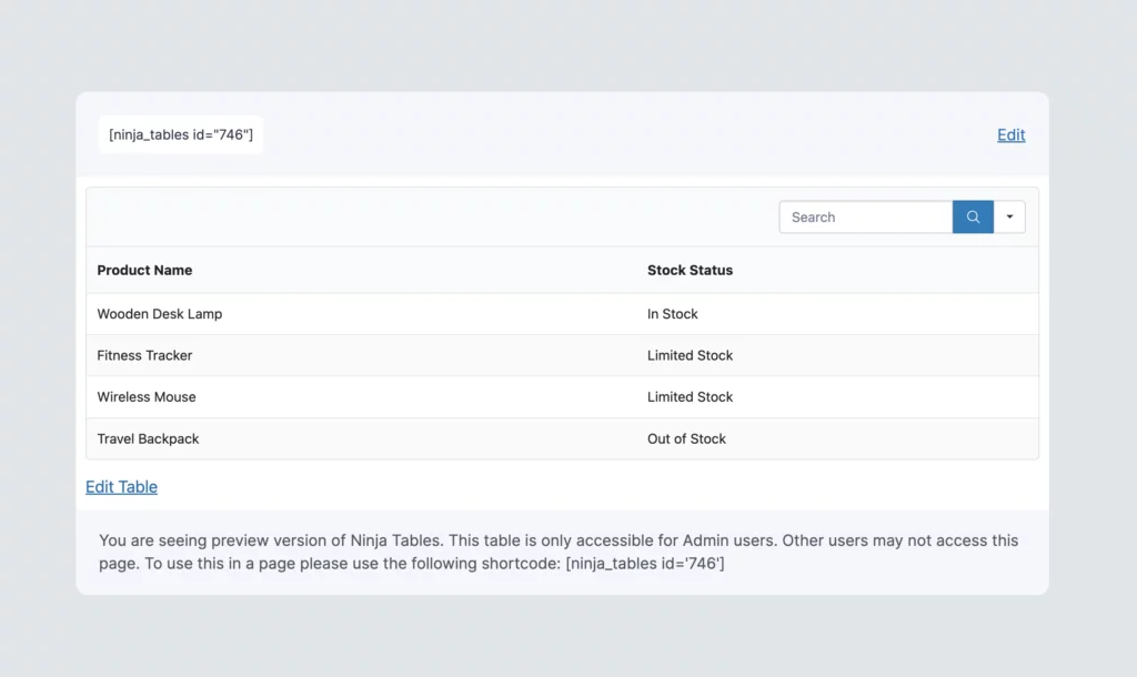 Frontend preview of Ninja Tables Product Stock table with search box and shortcode displayed in WordPress.
