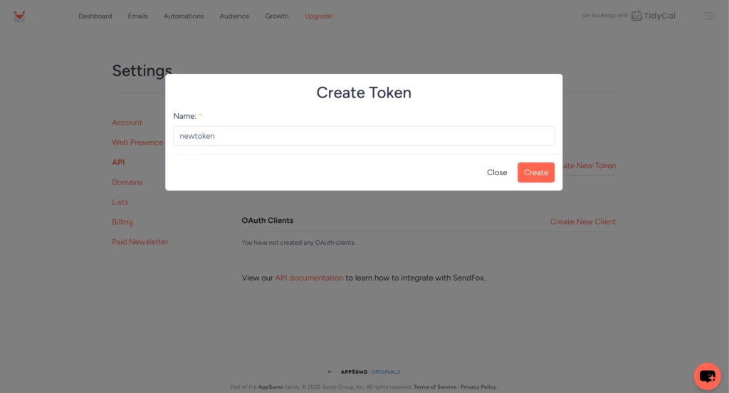 Name new API token