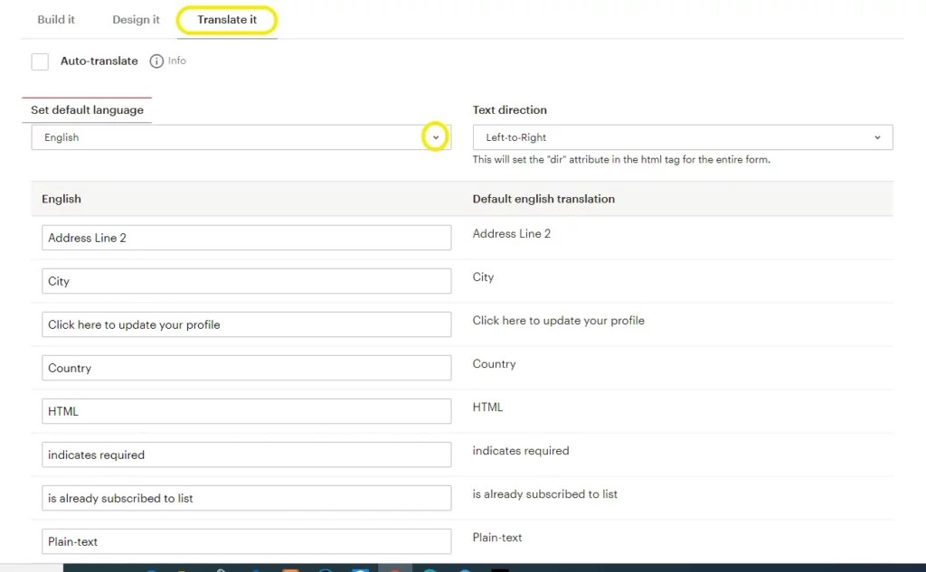 Mailchimp Signup form Translate
