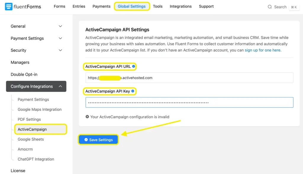 Fluent Forms global settings where ActiveCampaign API URL and key are entered to establish integration