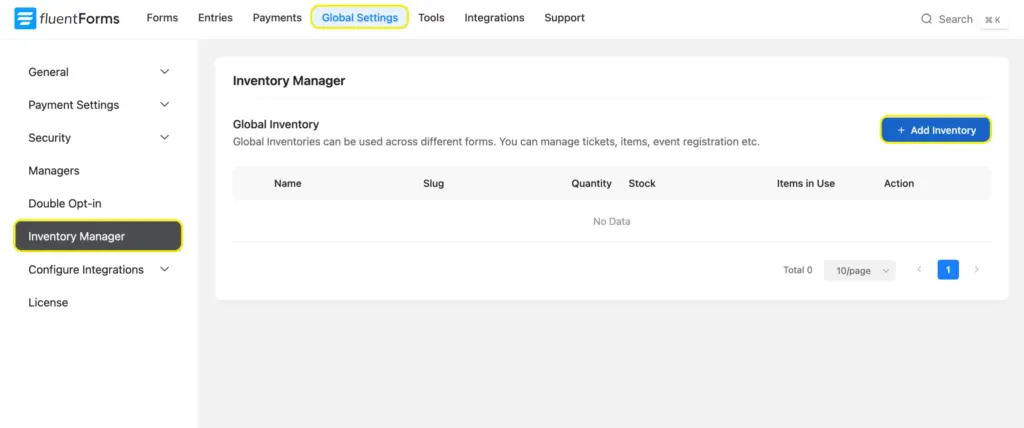 Add inventory Fluent Forms