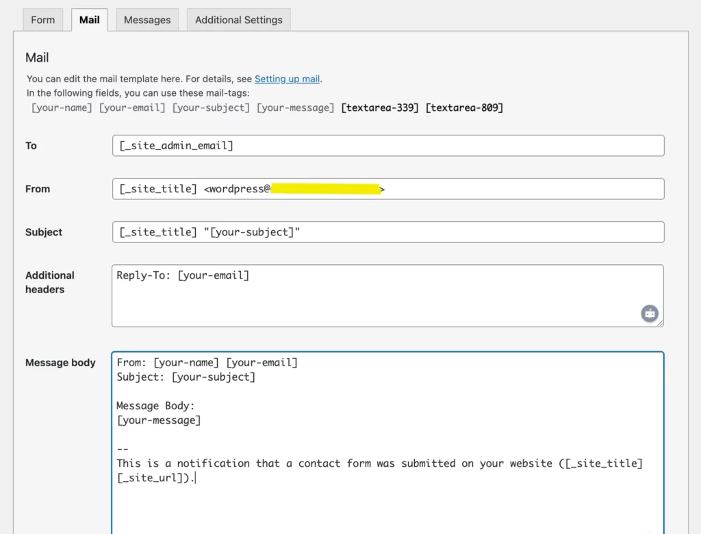 CF7 template for email notification