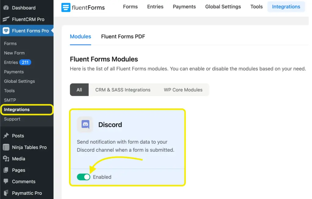  Fluent Forms integration settings screen with Discord module enabled in WordPress dashboard