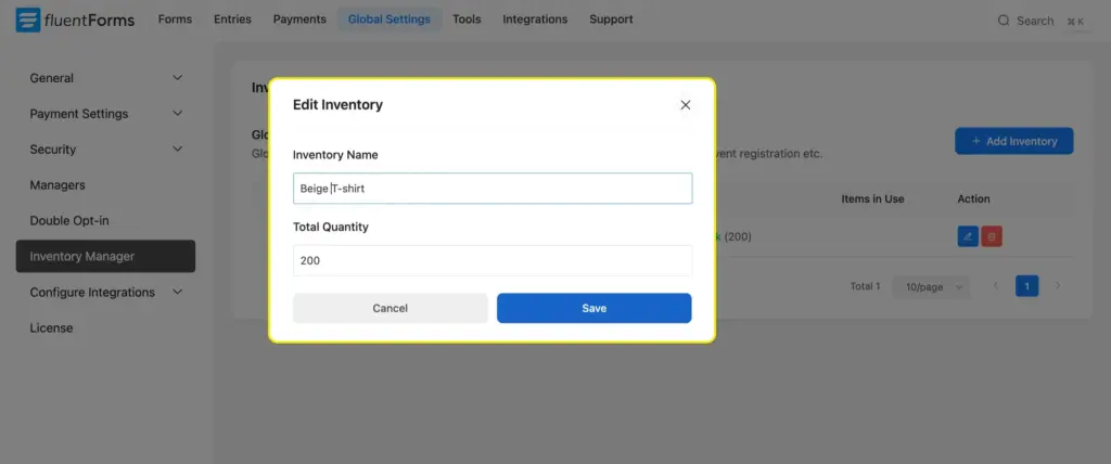 Edit inventory Fluent Forms