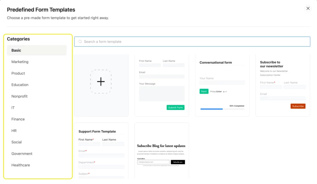 Fluent Forms predefined form templates