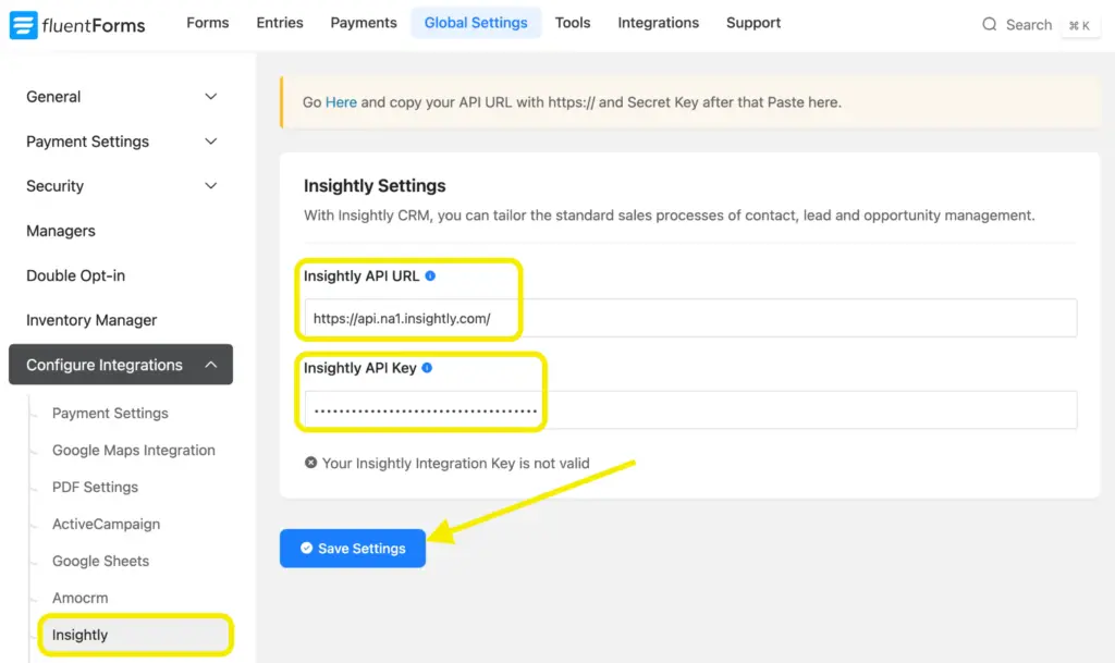 Insightly CRM- Fluent Forms integration setting