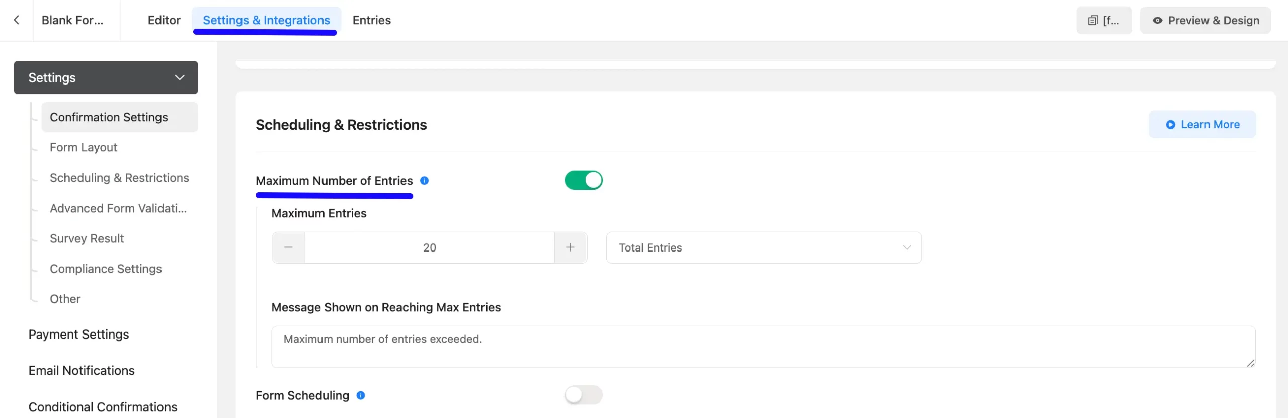 Maximum number of entries scaled 57882