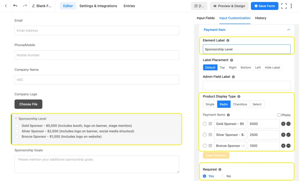 Payment item field for sponsorship level
