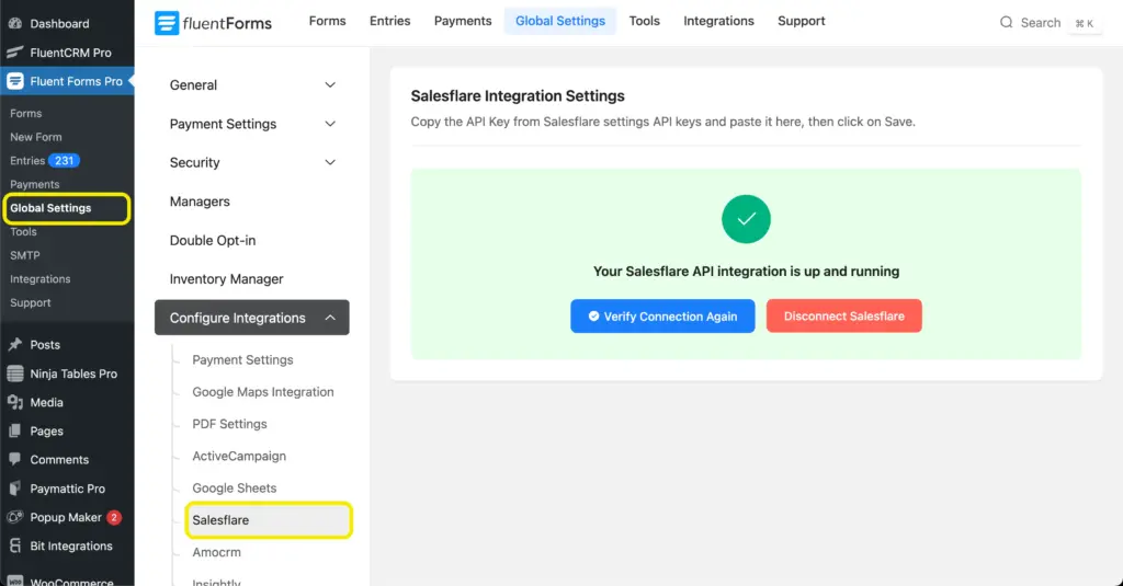 Successful Salesflare API integration message in Fluent Forms Global Settings panel on WordPress dashboard