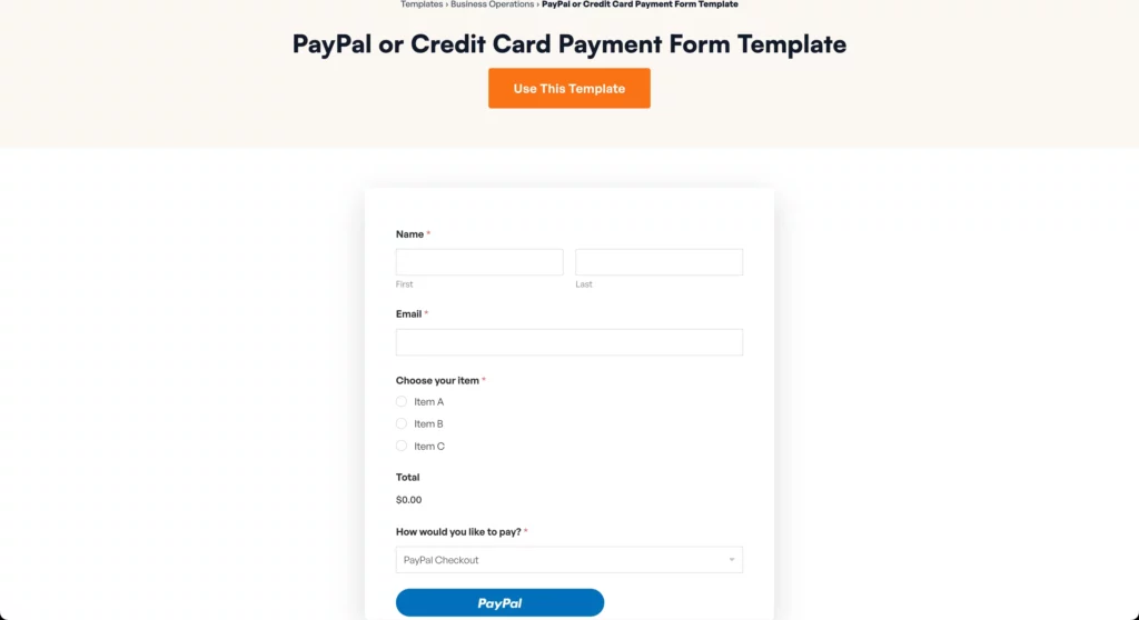 PayPal or Credit Card Payment Forms Template