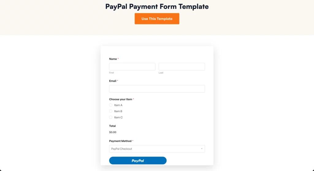 PayPal payment form template- WPForms