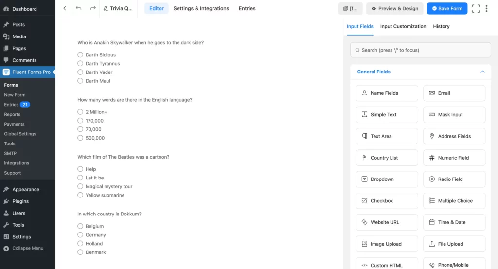 Adding questions to the quiz form