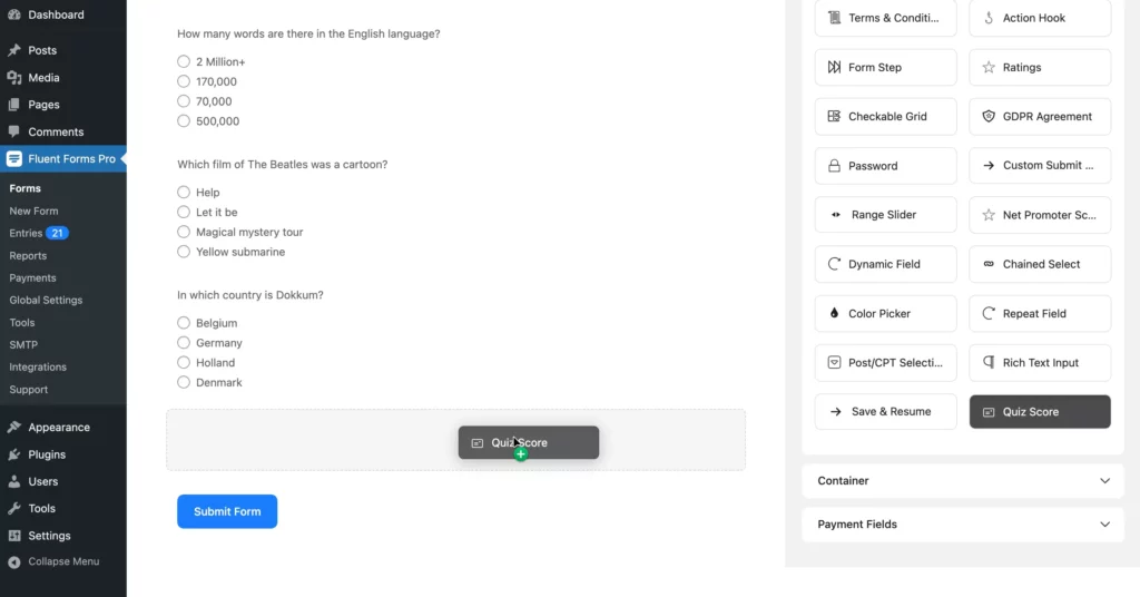 Adding quiz score input field to the quiz form