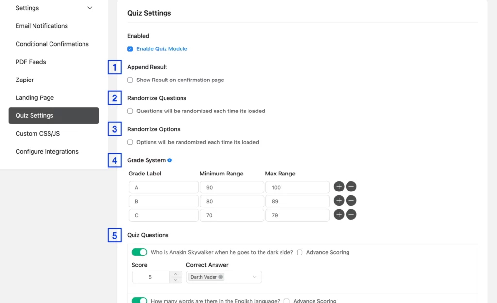 Quiz settings available in Fluent Forms
