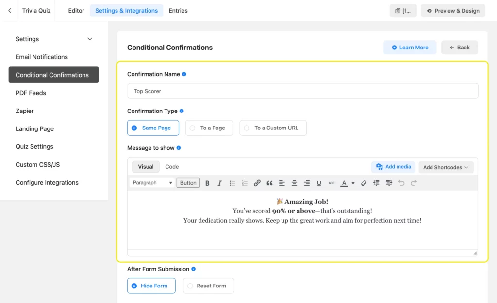 Setting conditional confirmation message