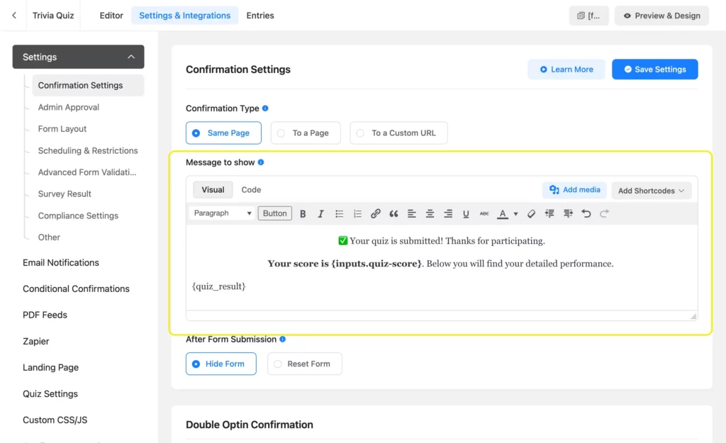 Setting customized confirmation message