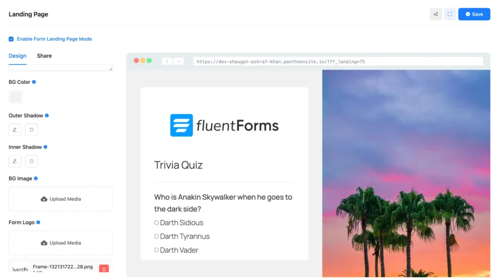 Publishing the quiz on landing page