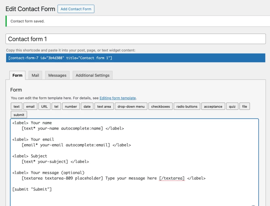 Shortcode based editor Contact Form 7