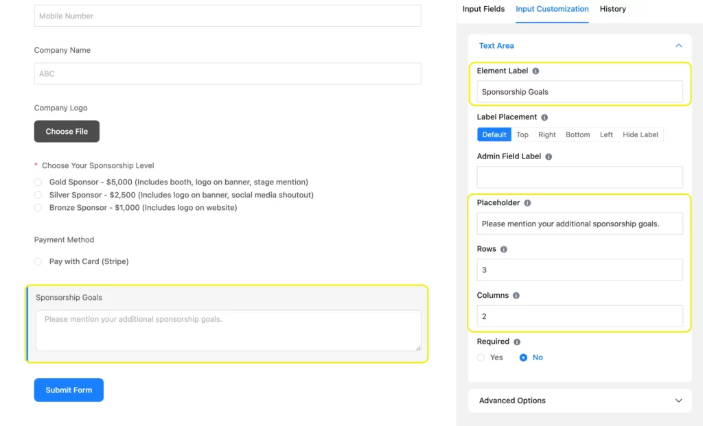 Text area for sponsorship goals