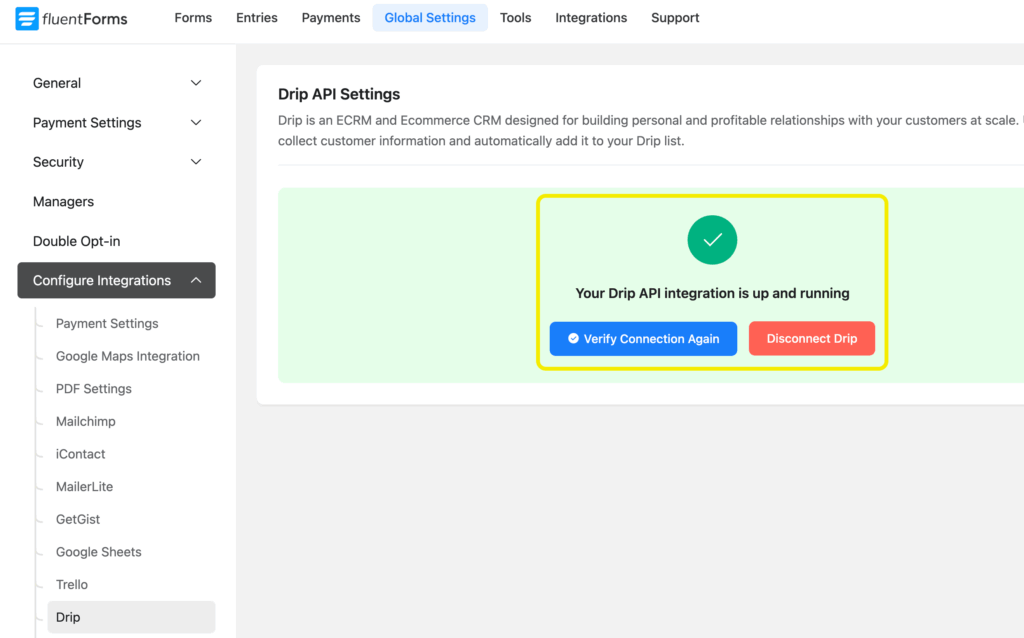 Drip integration Fluent Forms