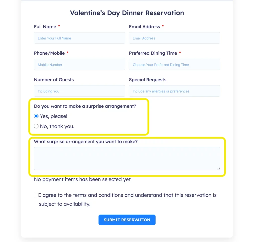 Valentine's day dinner reservation form- with surprise arrangement option