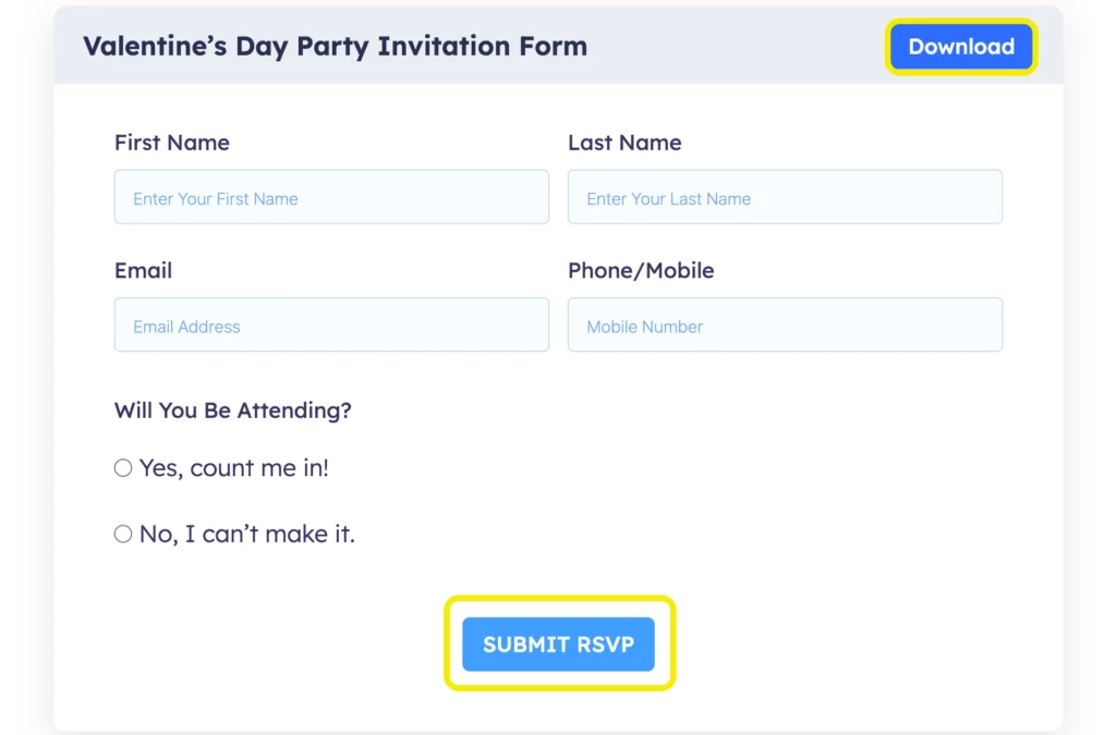 Valentine's day party invitation form