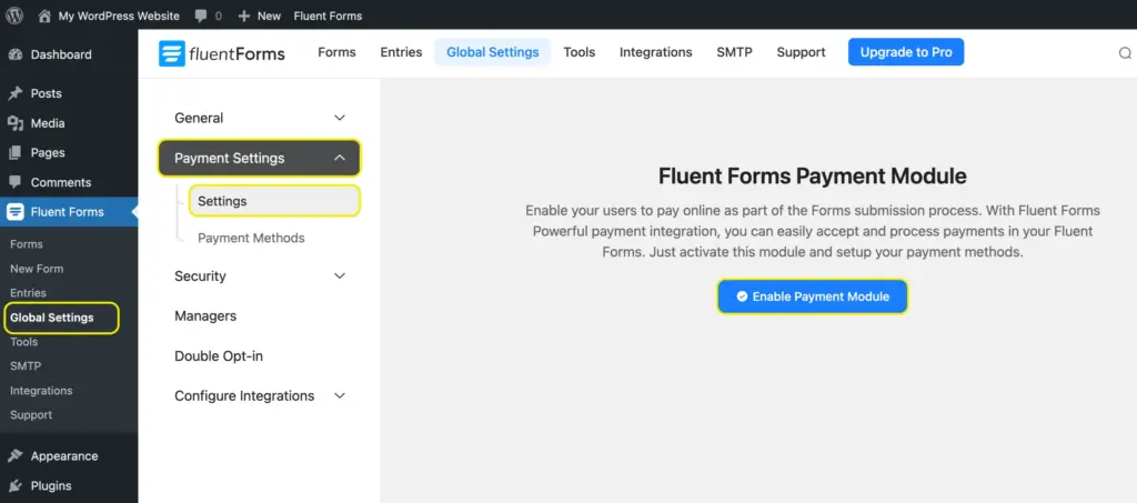 enable payment module Fluent forms