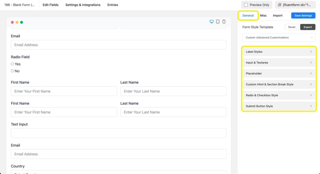 Fluent Forms- Form design- General settings