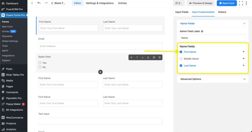 Fluent Forms input field customization