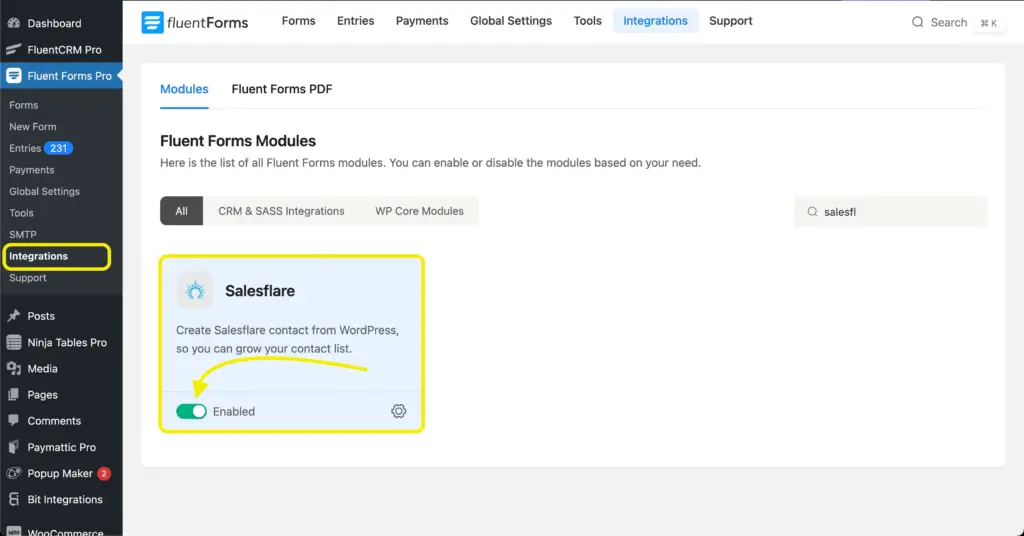 Enable the Salesflare module from Fluent Forms integrations dashboard