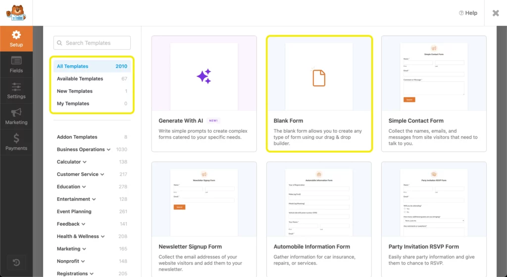 Create new form options- WPForms
