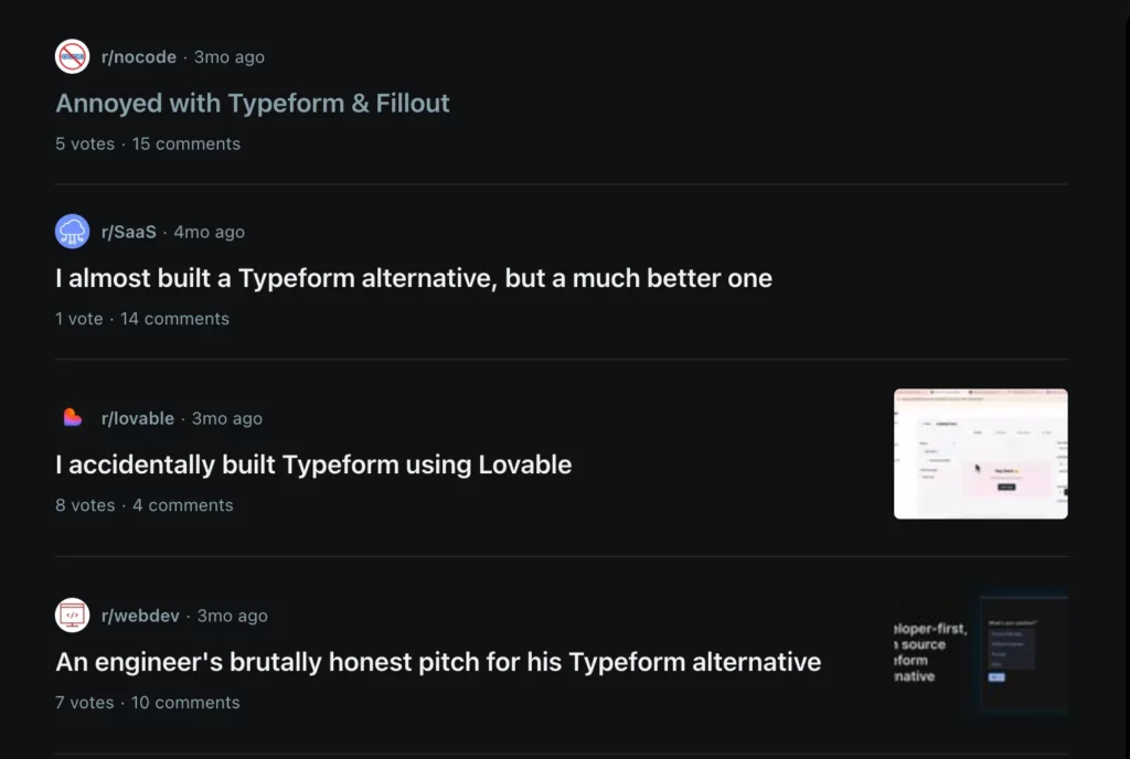 Typeform alternatives conversation in Reddit