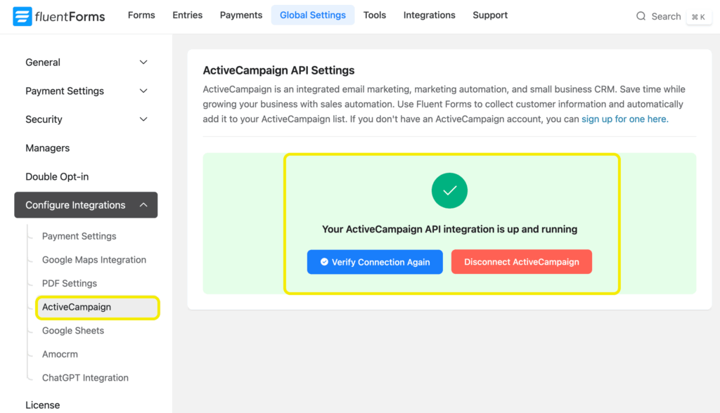 Fluent Forms global settings where ActiveCampaign API URL and key are entered to establish integration