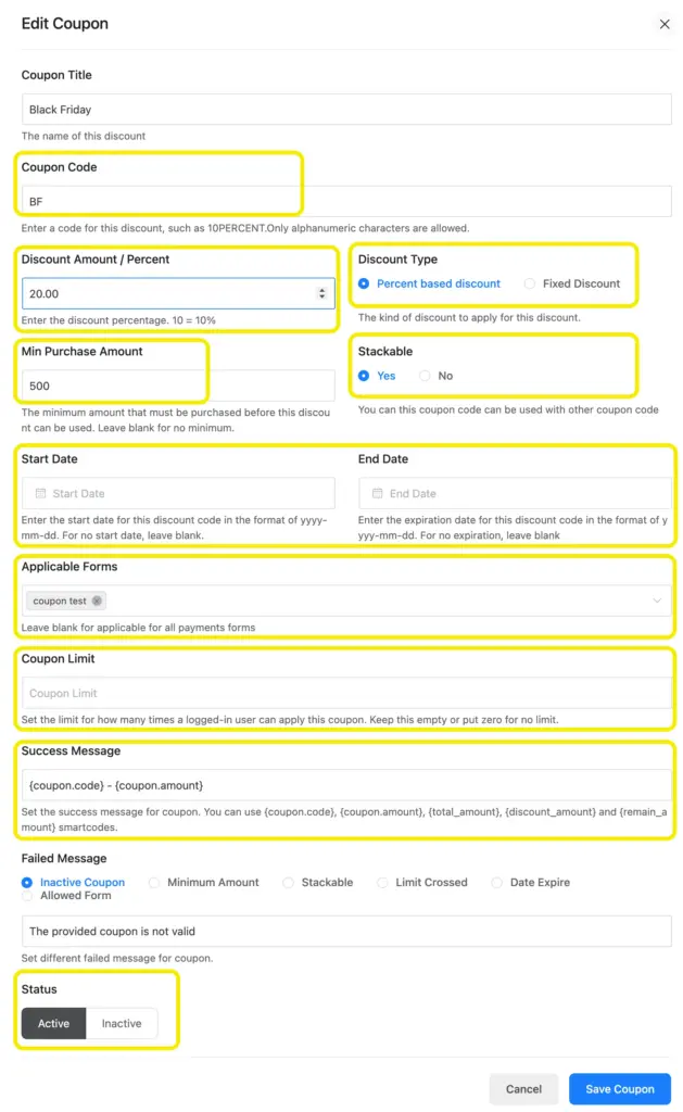 Coupon Settings - Fluent Forms