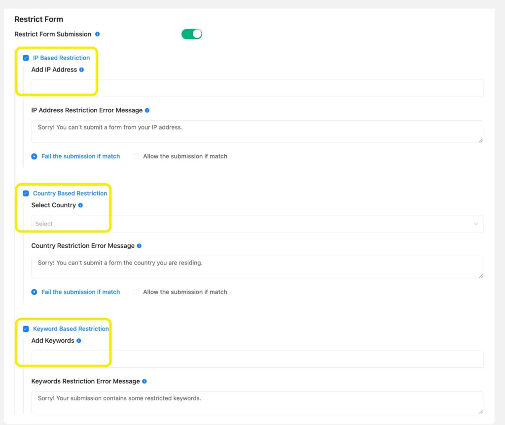 Form Restrictions - Advanced features