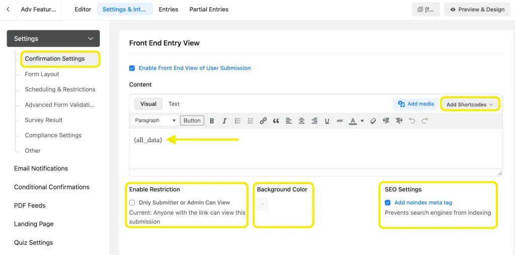 Enable Frontend Entry view