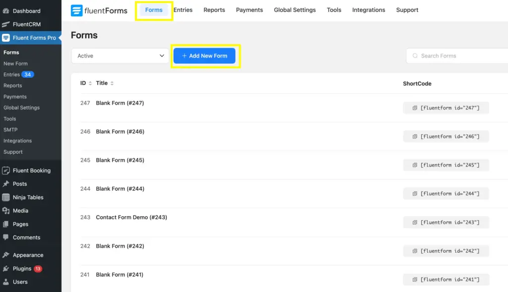 Add New Form in Fluent Forms to create a maintenance request form on WordPress.