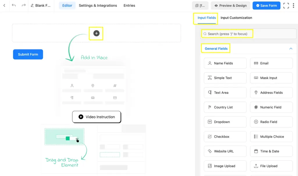 Fluent Forms Editor page comes with drag-and-drop, clickable, and searchable field input options to help users get the fastest form building experiences.