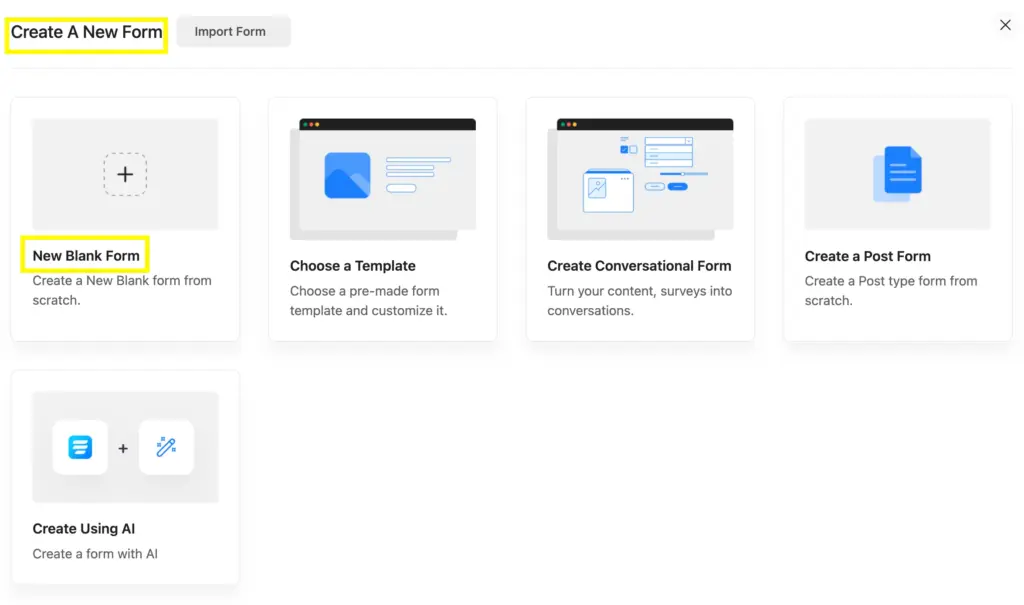 Create A New Form in Fluent Forms to build a maintenance request form on WordPress.