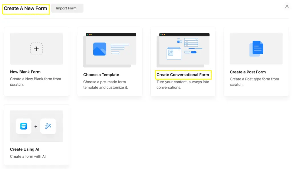 Create A New Form in Fluent Forms and start building a brand awareness form on your WordPress website.