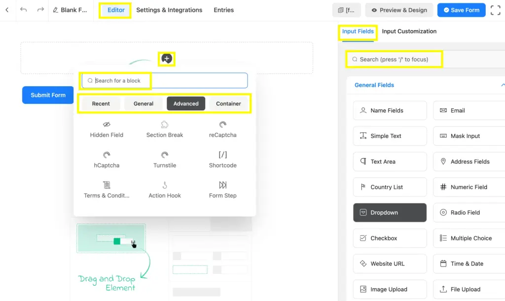 Fluent Forms editor page field search options.