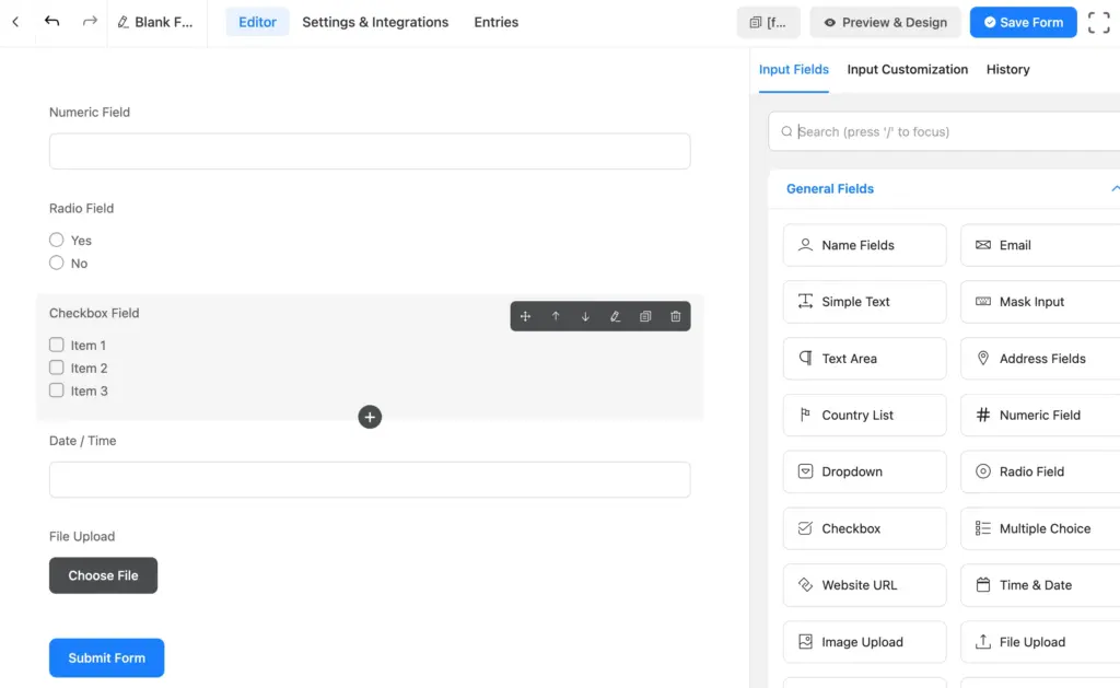 Fluent Forms editor page designed with relevant input fields, proper choice for building a maintenance request form on WordPress.