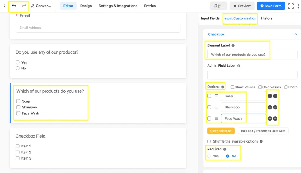 Use the simple Input Customization and undo/redo options in your survey form, using Fluent Forms as your form builder plugin.