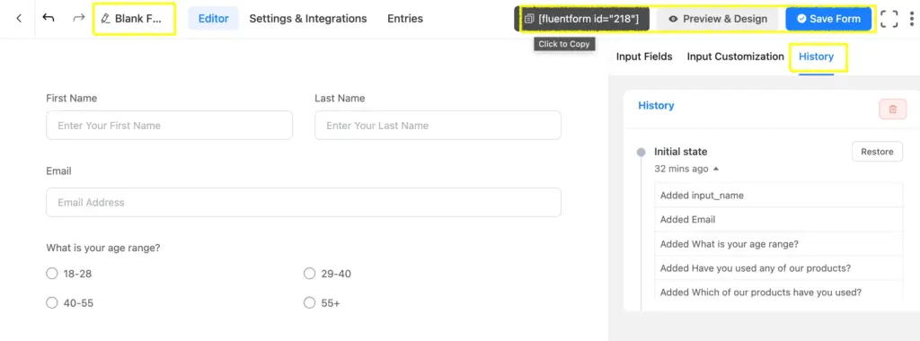 Fluent Forms offers a no-code form building experience with simple shortcode copy, preview and design, and Save Form buttons visible on the top of the editor page.