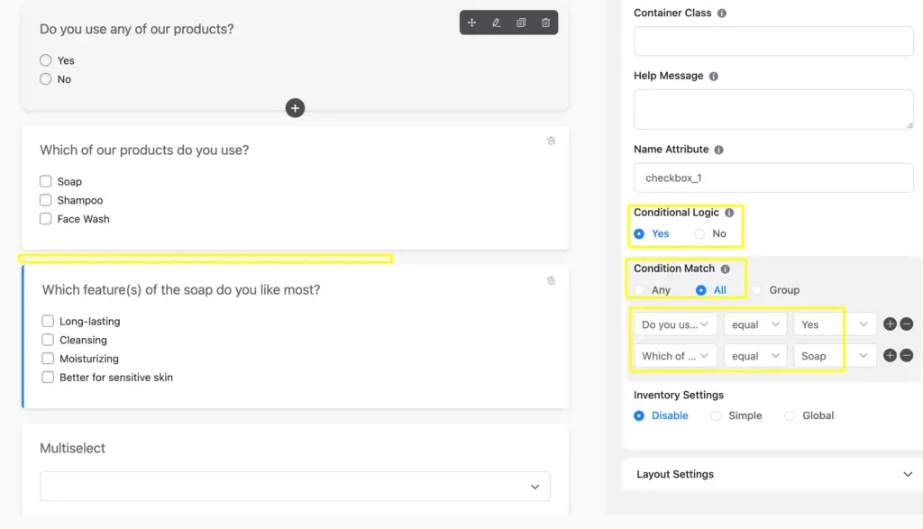 Fluent Forms comes with the ultimate conditional logic feature, including group conditions.