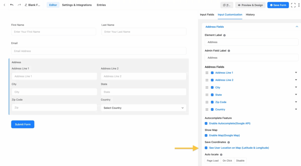 User map location in submission